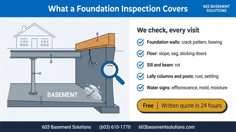 Infographic: what a 603 Basement Solutions foundation inspection covers in New Hampshire — walls, floor, sill and beam, lally columns, and water signs