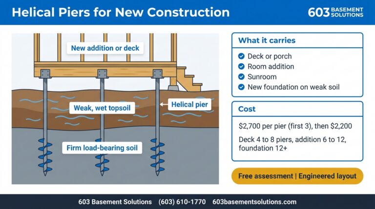 Infographic: helical piers for new construction in New Hampshire - steel piers carry a new deck, addition or foundation through weak soil to firm strata, $2,700 then $2,200 per pier