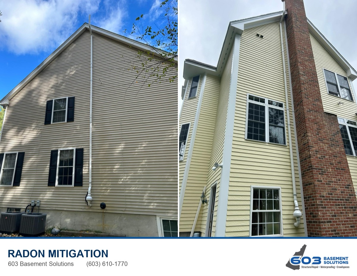 Two 603 radon mitigation systems with exterior vent stacks running up the side of New Hampshire homes
