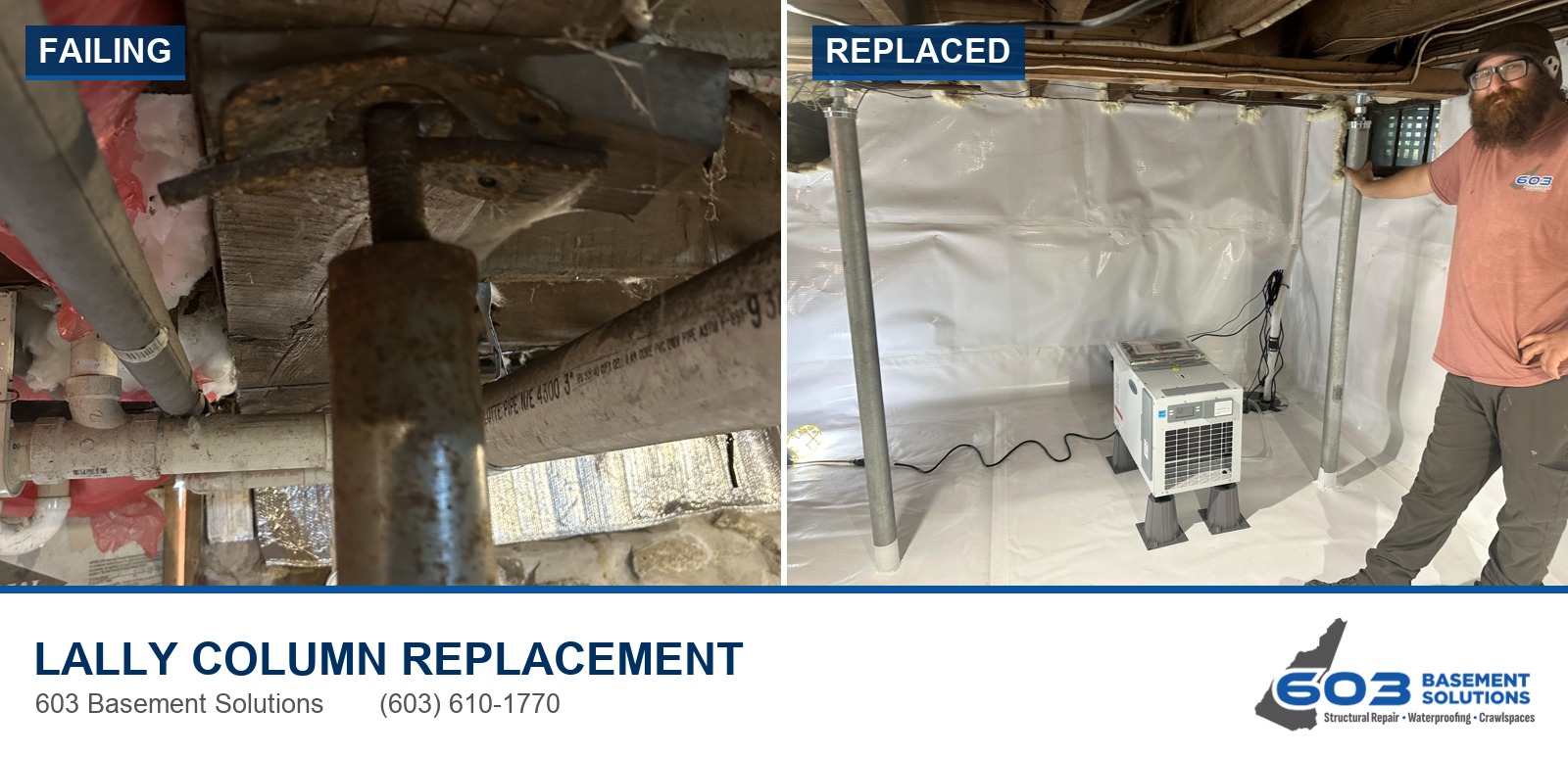 603 Basement Solutions before-and-after photograph of a rusted support column and replacement columns
