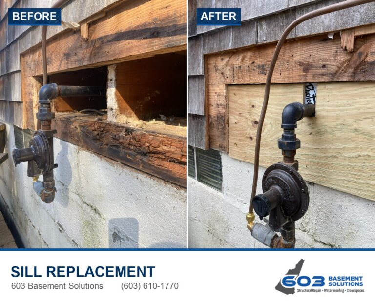 Rotted sill beam before and after replacement by 603 Basement Solutions, new pressure-treated sill and flashing
