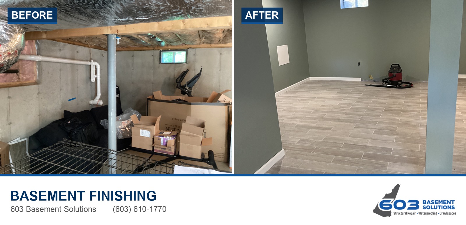 603 Basement Solutions basement finishing, before and after