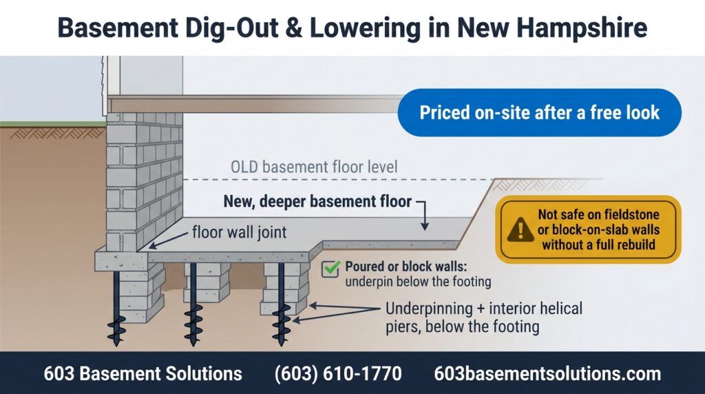 Cross-section of a New Hampshire basement dig-out with underpinning and interior helical piers below the footing, by 603 Basement Solutions
