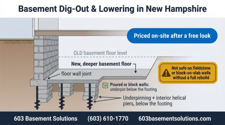Cross-section of a New Hampshire basement dig-out with underpinning and interior helical piers below the footing, by 603 Basement Solutions