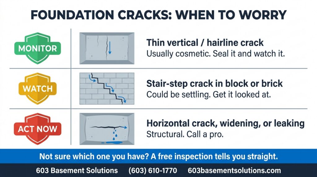 Foundation crack risk chart: monitor a hairline crack, watch a stair-step crack, act on a horizontal or leaking crack, by 603 Basement Solutions