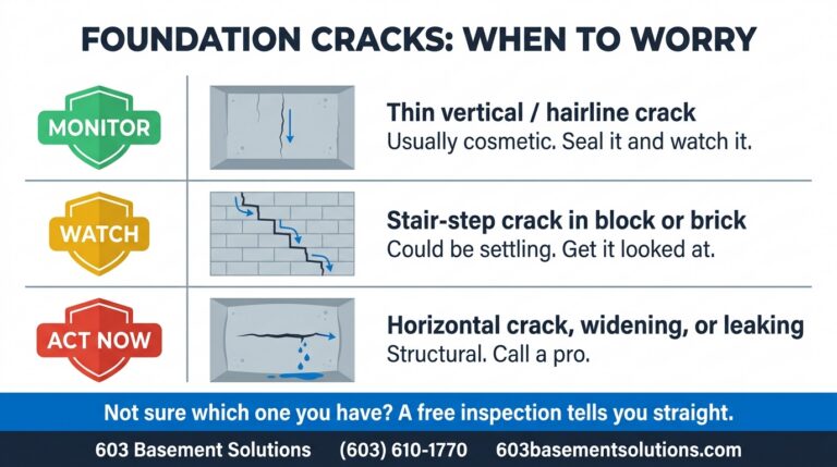Foundation crack risk chart: monitor a hairline crack, watch a stair-step crack, act on a horizontal or leaking crack, by 603 Basement Solutions