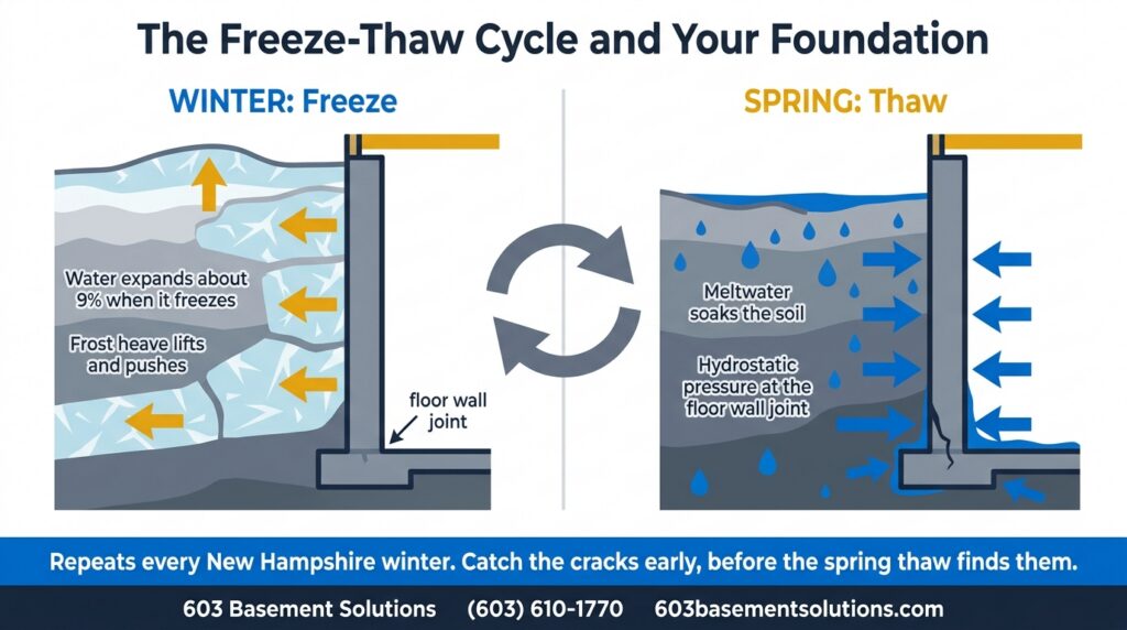 Freeze-thaw cycle diagram: winter frost heave and spring hydrostatic pressure on a New Hampshire foundation, by 603 Basement Solutions