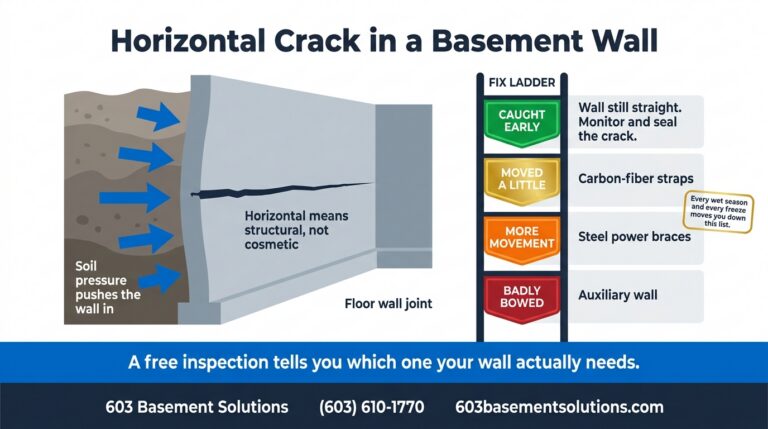 Horizontal crack in a basement wall pushed in by soil pressure, with the fix ladder from monitor and seal to carbon-fiber straps, steel power braces, and an auxiliary wall, by 603 Basement Solutions
