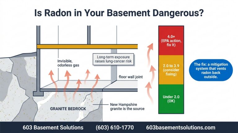 Radon rising from granite bedrock into a basement with a pCi/L risk scale, by 603 Basement Solutions