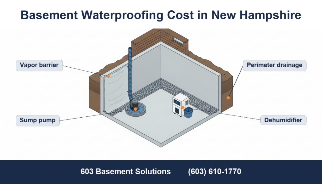 Diagram of a New Hampshire basement waterproofing system: interior perimeter drainage, sump pump, vapor barrier, and dehumidifier by 603 Basement Solutions