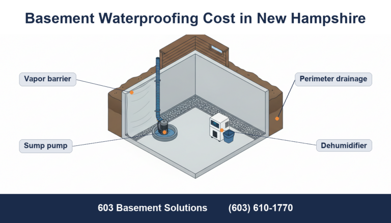 Diagram of a New Hampshire basement waterproofing system: interior perimeter drainage, sump pump, vapor barrier, and dehumidifier by 603 Basement Solutions