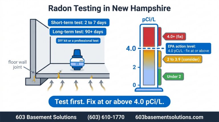 Radon testing diagram with short-term and long-term tests and the pCi/L level scale, by 603 Basement Solutions