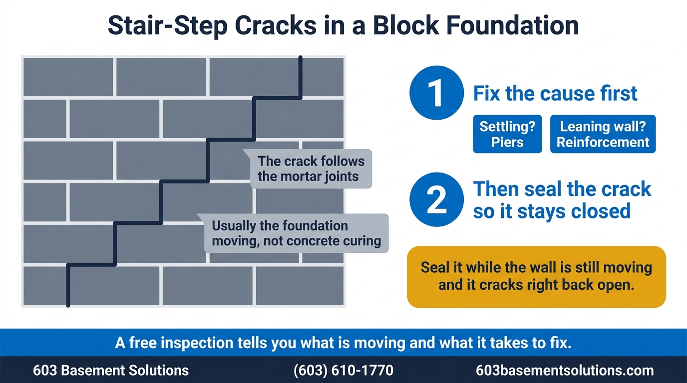 Educational diagram of a stair-step crack following mortar joints in a block foundation