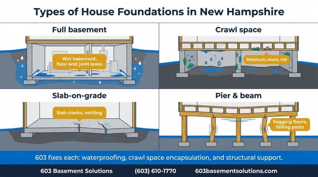 Four New Hampshire foundation types and their common problems: full basement, crawl space, slab-on-grade, pier and beam, by 603 Basement Solutions