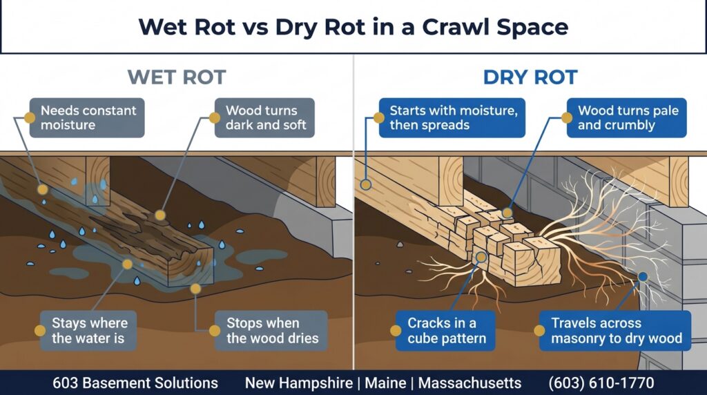 Side-by-side flat-vector cutaway comparing wet rot and dry rot in a crawl space: wet rot on darkened soft timber over damp soil that stops when the wood dries, dry rot on pale cube-cracked timber sending strands across the masonry foundation wall to dry wood.
