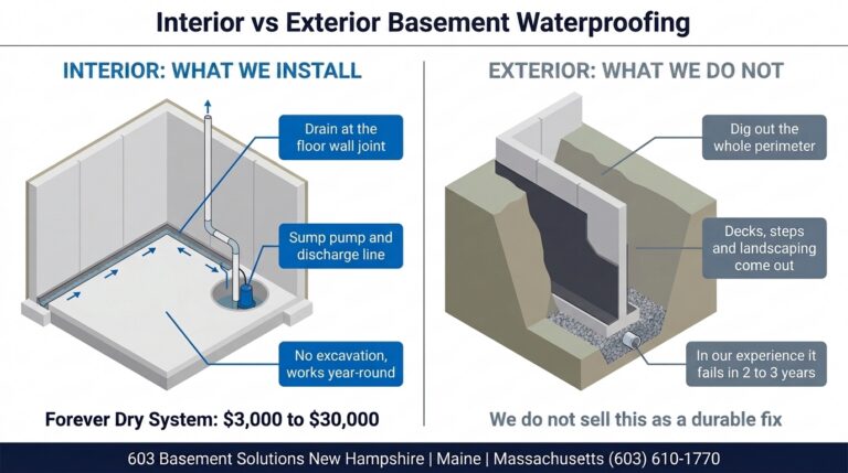 Side-by-side cutaway of basement waterproofing. Left, the interior system 603 installs: a drain at the floor wall joint feeding a sump pump and discharge line, no excavation, Forever Dry System $3,000 to $30,000. Right, the exterior excavation 603 does not install: digging out the whole perimeter, decks and landscaping removed, and a note that in 603's experience it fails in two to three years.