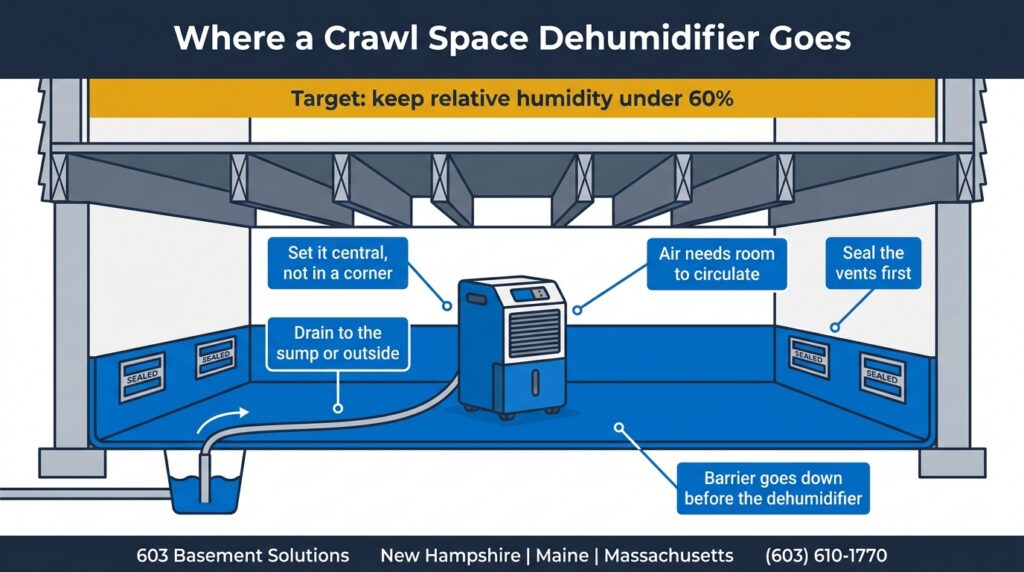Cutaway of a sealed crawl space showing a dehumidifier set centrally on the vapor barrier with a drain hose running to a sump, sealed foundation vents on both walls, and a target band reading keep relative humidity under 60 percent.