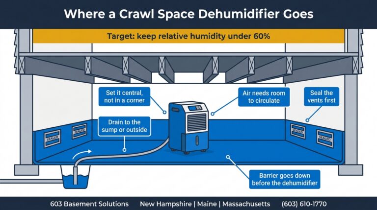 Cutaway of a sealed crawl space showing a dehumidifier set centrally on the vapor barrier with a drain hose running to a sump, sealed foundation vents on both walls, and a target band reading keep relative humidity under 60 percent.