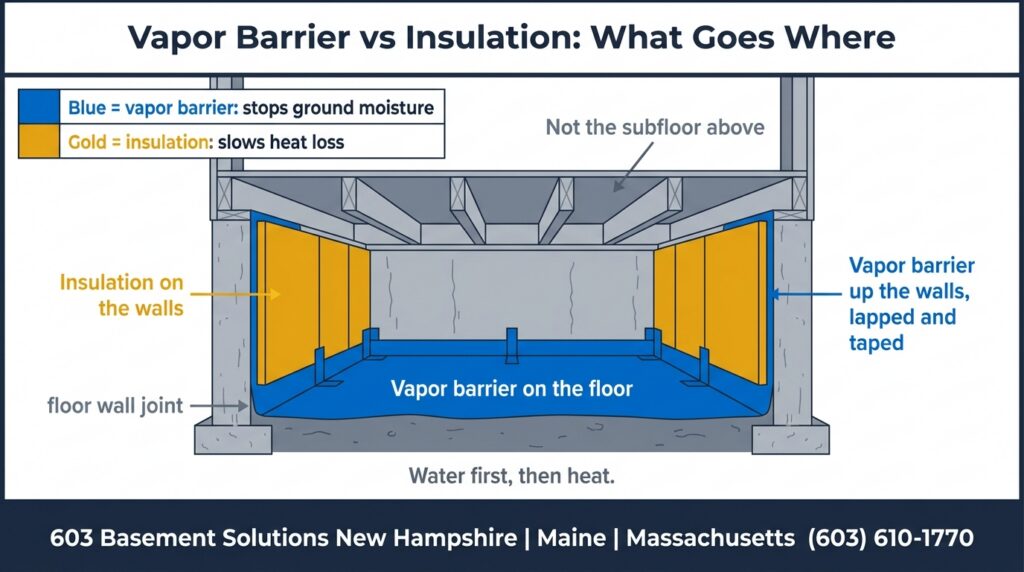Cutaway of a sealed crawl space colour-coded to show what goes where: blue vapor barrier across the floor and lapped up the walls at the floor wall joint, gold insulation on the foundation walls only, and a note that it does not go on the subfloor above.
