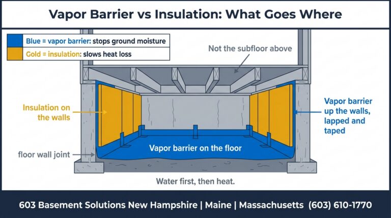 Cutaway of a sealed crawl space colour-coded to show what goes where: blue vapor barrier across the floor and lapped up the walls at the floor wall joint, gold insulation on the foundation walls only, and a note that it does not go on the subfloor above.