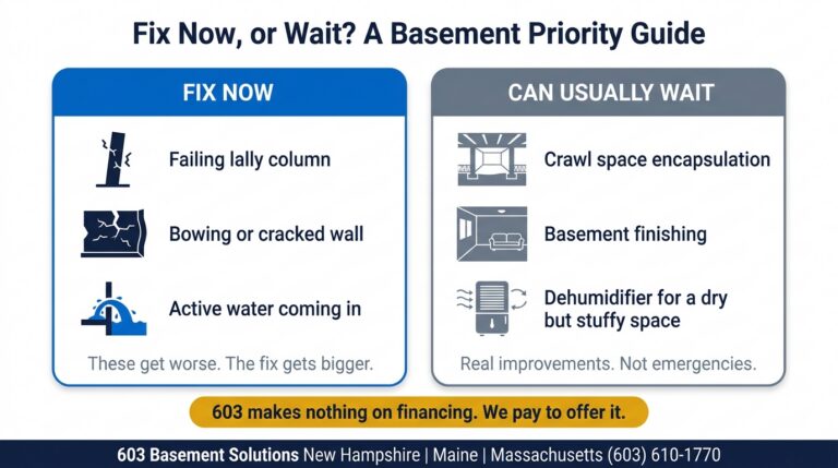 Basement repair priority chart from 603 Basement Solutions: fix now covers a failing lally column, a bowing or cracked wall and active water coming in; crawl space encapsulation, basement finishing and a dehumidifier can usually wait. 603 makes nothing on financing.
