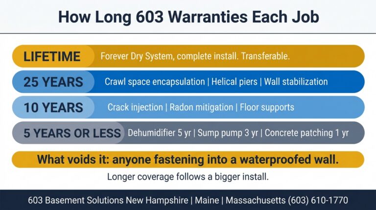 Chart of 603 Basement Solutions warranty terms by job: lifetime transferable coverage on a complete Forever Dry System; 25 years on crawl space encapsulation, helical piers and wall stabilization; 10 years on crack injection, radon mitigation and floor supports; 5 years or less on a dehumidifier, sump pump and concrete patching. Fastening into a waterproofed wall voids coverage.