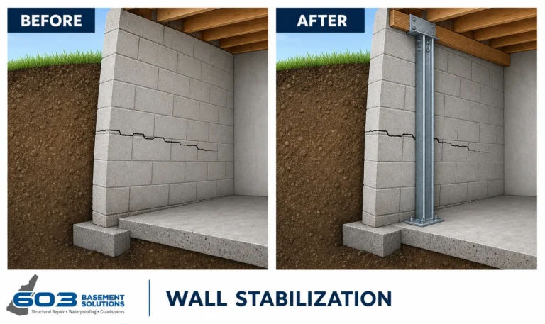 Before-and-after illustration of a bowing basement wall stabilized with steel braces
