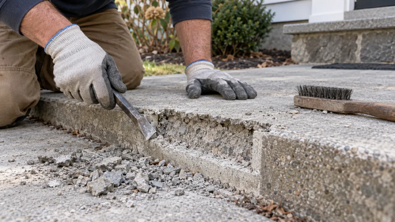 Preparation of a spalled concrete edge before patching