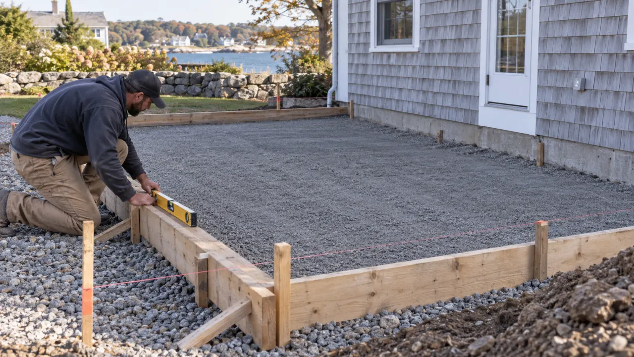 Prepared granular base and formwork for an exterior slab