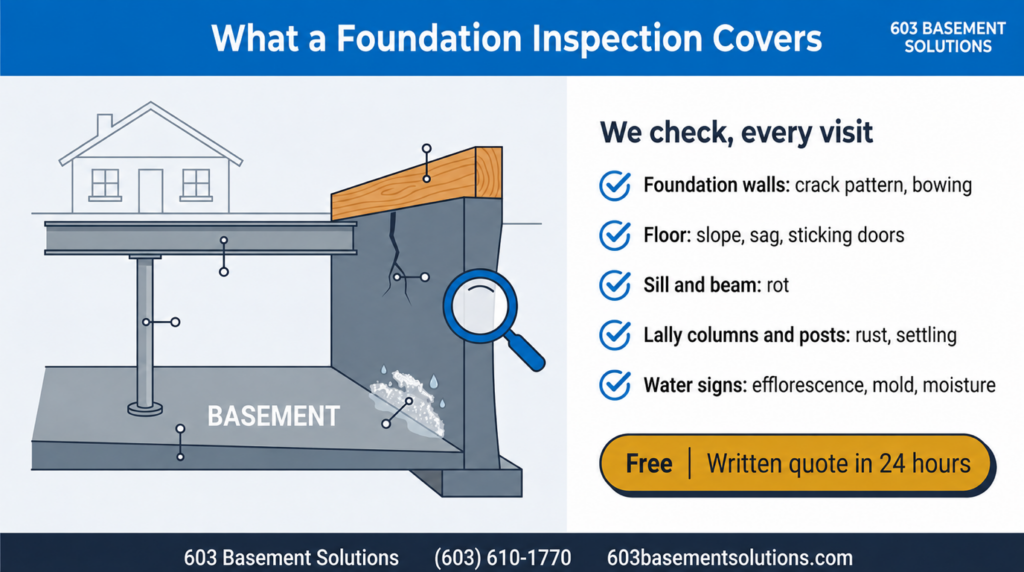 Foundation inspection checklist showing a wooden sill block seated directly on a concrete foundation wall