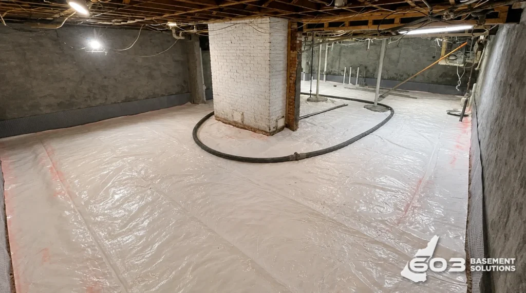 Vapor barrier installed across a residential basement before a concrete slab pour